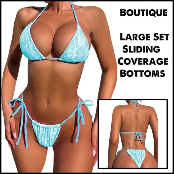Boutique Women's Blue Bikini With Lace Overlay Large Set - Picture 1 of 14